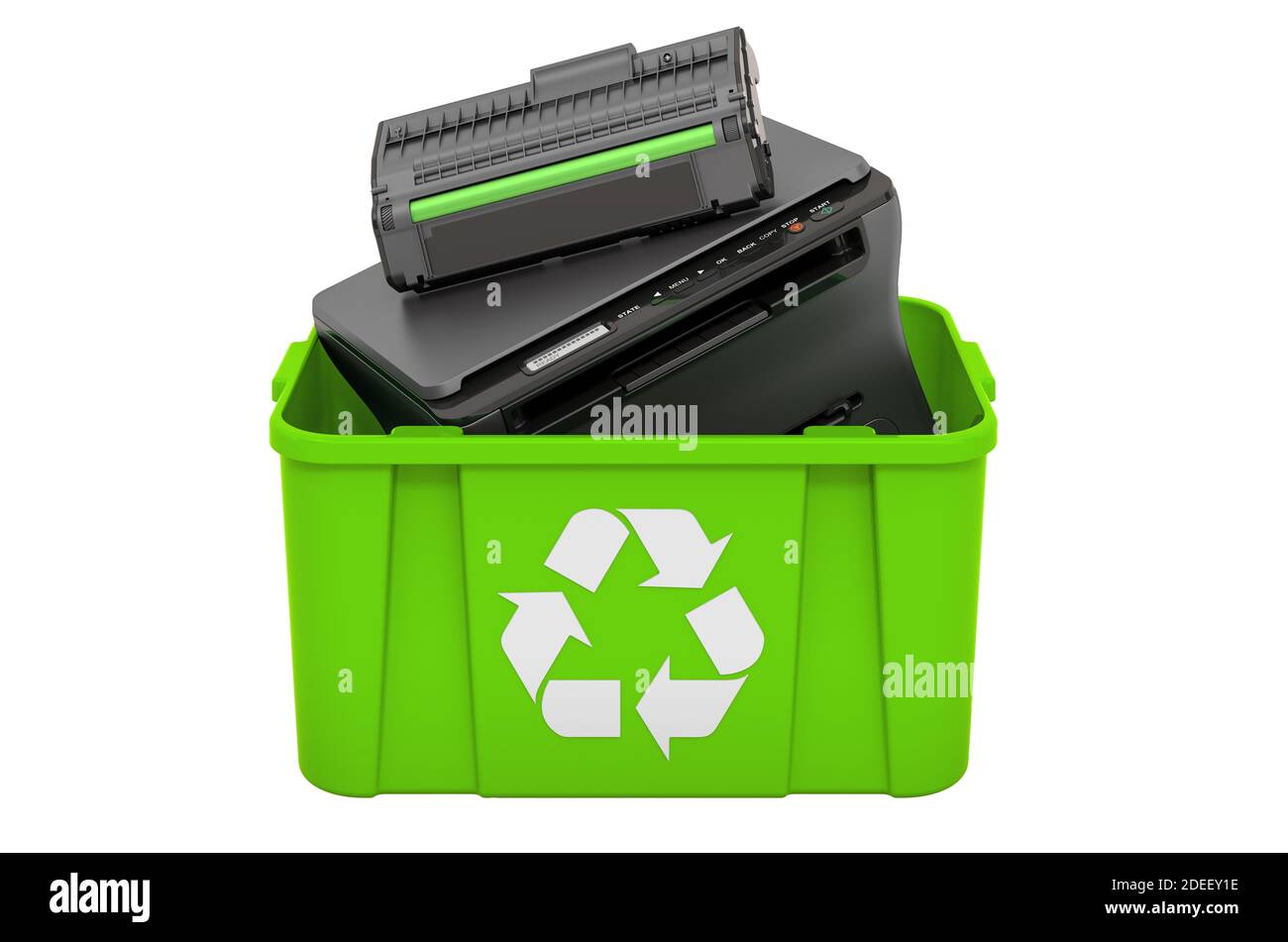 Recycling trashcan with printer laser, 3D rendering isolated on white