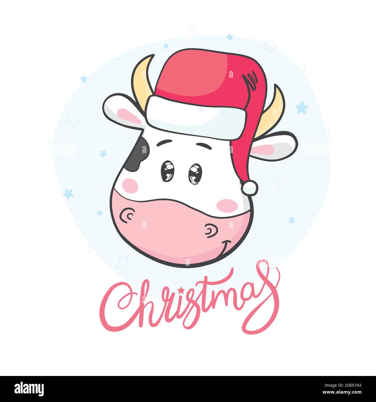 Cute cartoon bull in Santa Claus hat on white background Stock Vector