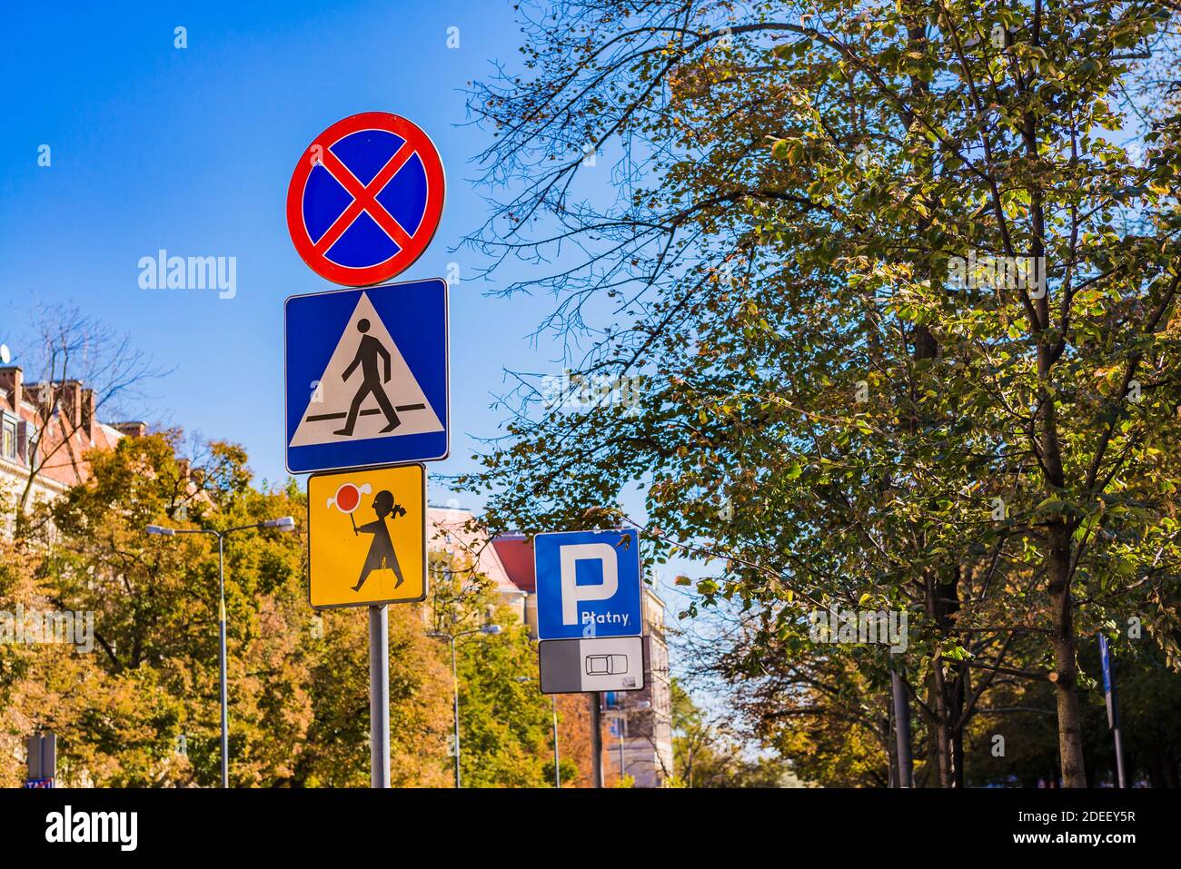 Pedestrian School Crossing Sign. Vertical traffic signaling. Warsaw, Poland, Europe Stock Photo