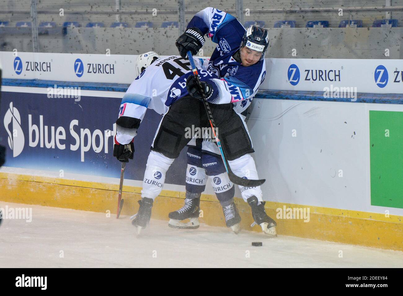 Ambri, Switzerland. 30th Nov, 2020. 30.11.2020, Ambri, Stadio Valascia,  Cup: HC Ambri-Piotta - Fribourg-Gotteron, #13 Marco Mueller (Ambri) against  #46 Matthias Rossi (Fribourg) (Switzerland/Germany/Austria/Croatia OUT)  Credit: SPP Sport Press Photo ...