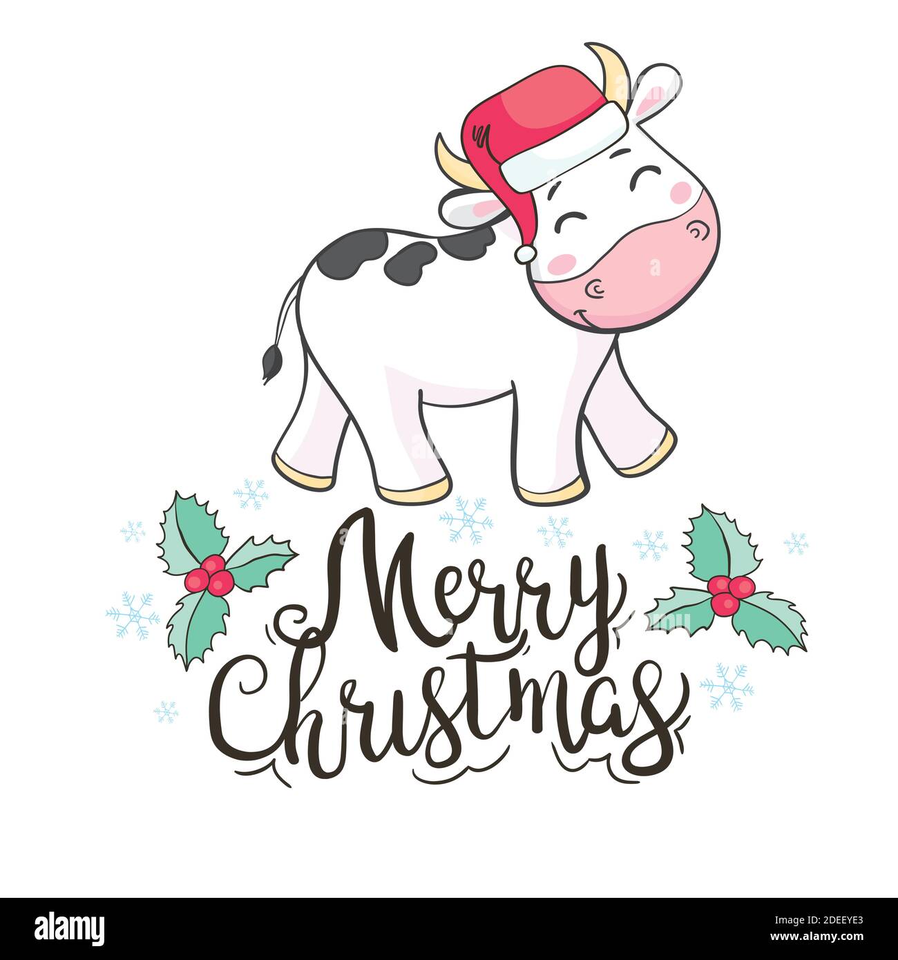 Cute cartoon bull in Santa Claus hat on white background Stock Vector