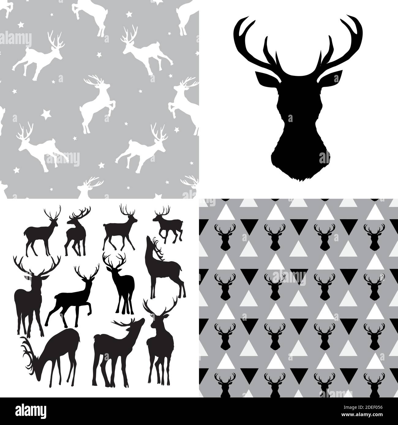 A set of deer heads and patterns. Collection of wild animal backgrounds Stock Vector