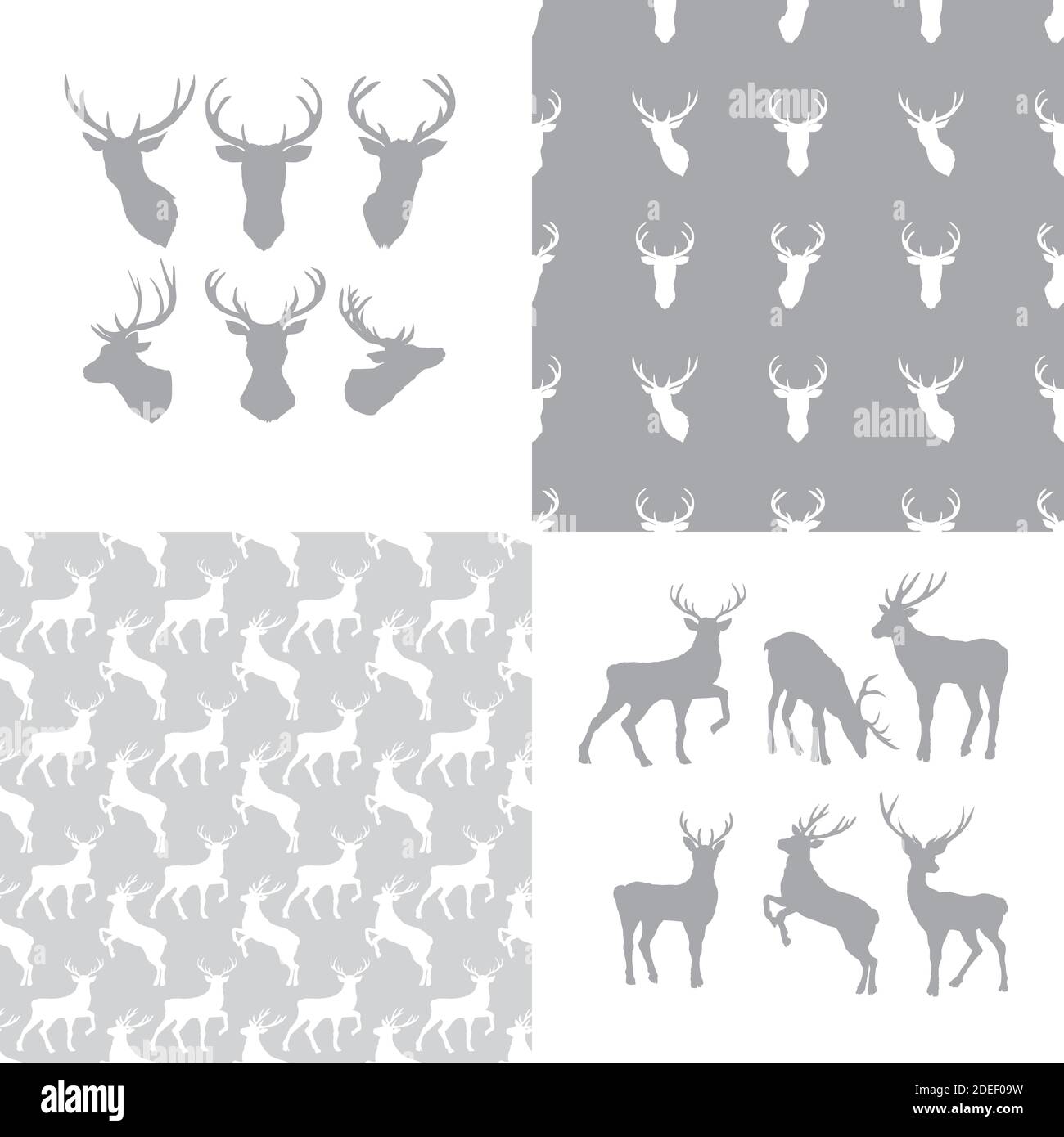 A set of deer heads and patterns. Collection of wild animal backgrounds Stock Vector