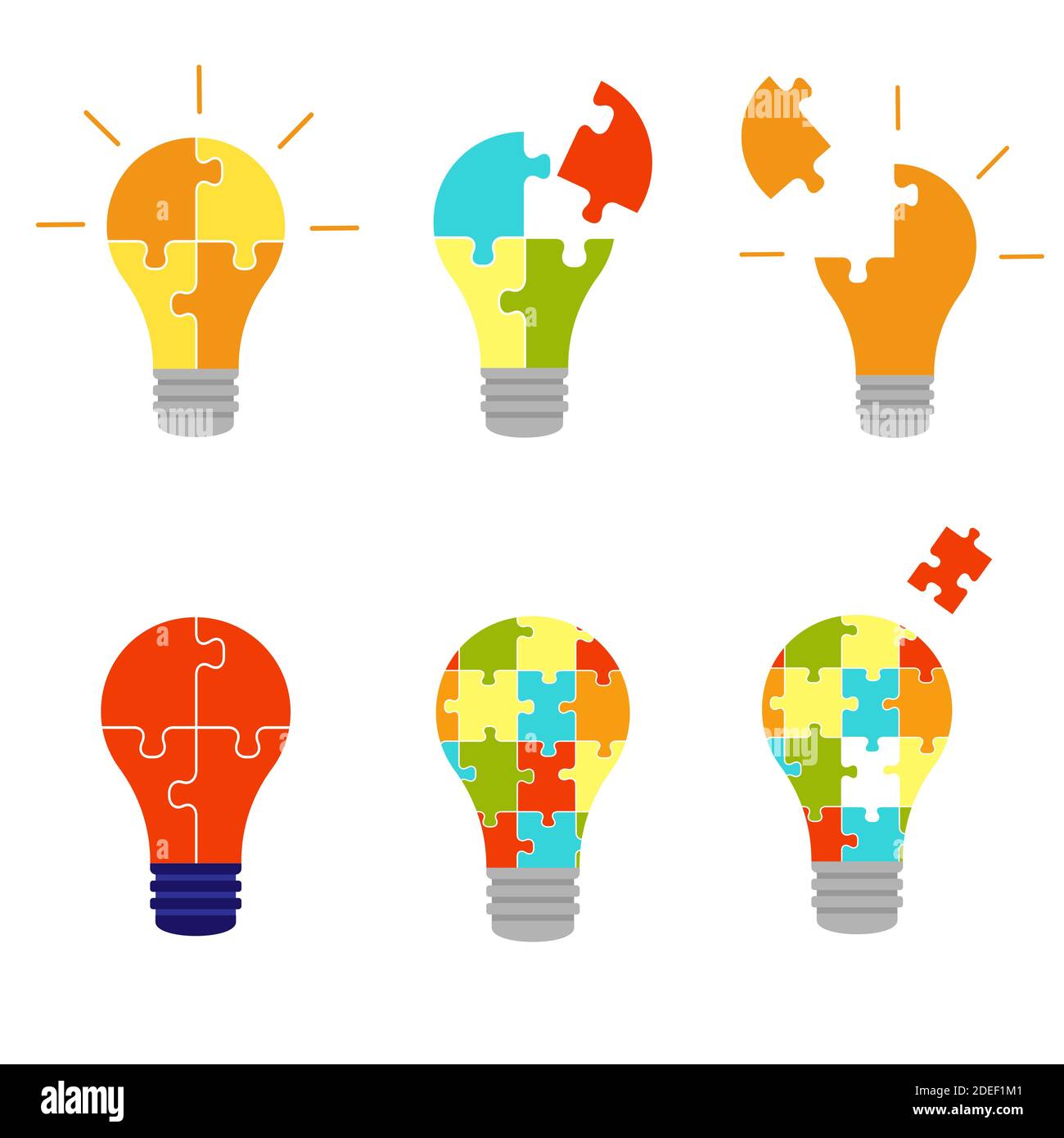 Set light bulb made of puzzle pieces. Idea, business, solution, work, insight, brainstorm concept. Vector cartoon illustration Stock Vector