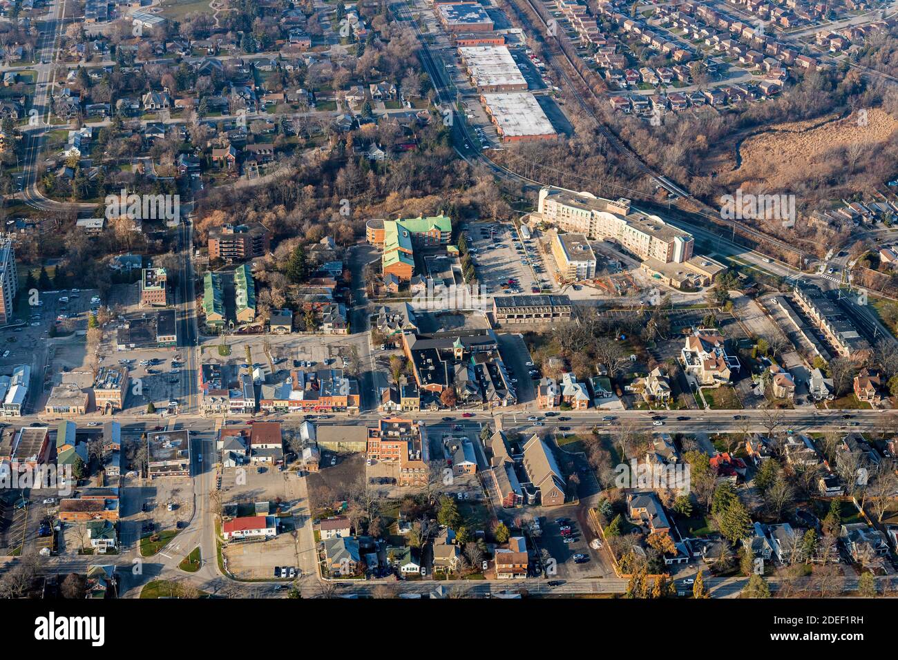 An aerial view of historic Markham Main Street from the east. Stock Photo