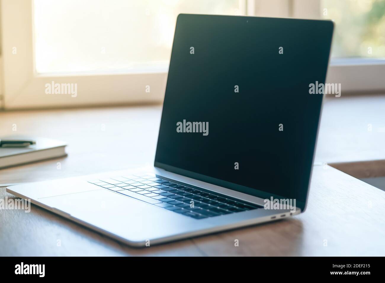 close up. modern laptop on the desktop. Stock Photo