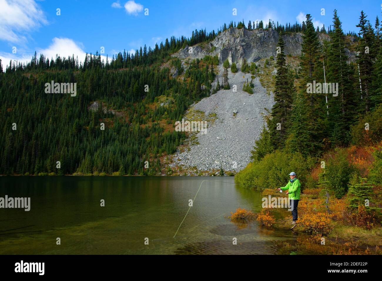 Fly fishing Lake Louise, Mt Rainier National Park, Washington Stock
