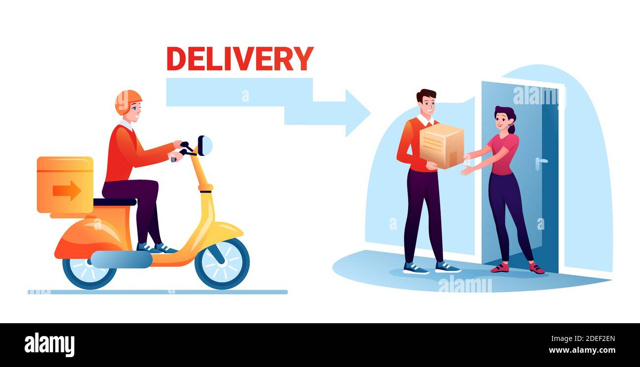 Cartoon courier worker man character delivering cardboard postal box by van track or scooter, postman handing order parcel to woman at home doorway. Stock Vector