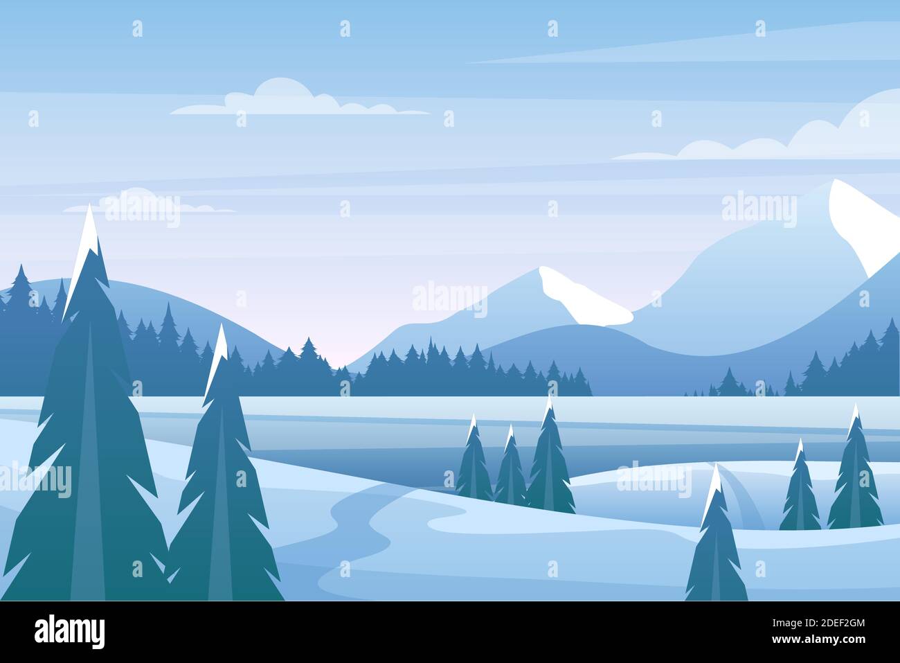 Christmas winter landscape with pine tree, frozen blue hills Stock Vector