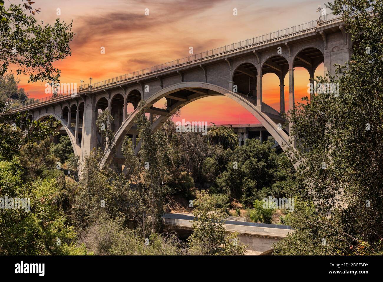 View of the historic Colorado Blvd bridge with sunset sky in Pasadena, California. Stock Photo