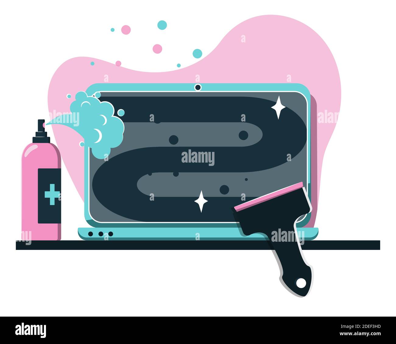 Clean laptop with alcohol sanitizer spray and scraper. Hygienic rules, gadget desinfection, wash dirty screen concept flat vector illustration. Prevent microbe and illness spread, prevention methods. Vector illustration Stock Vector
