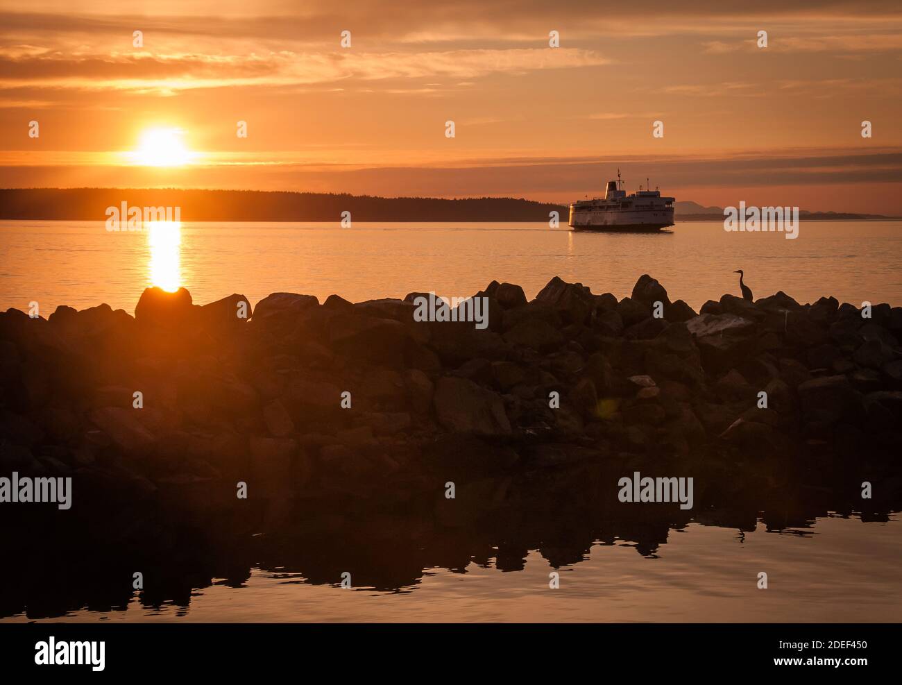 Landscape of a British Columbia passenger ferry in the West Sound/Powell River taken at sunset. Foreground of rock jetty with a heron silhouetted. Stock Photo