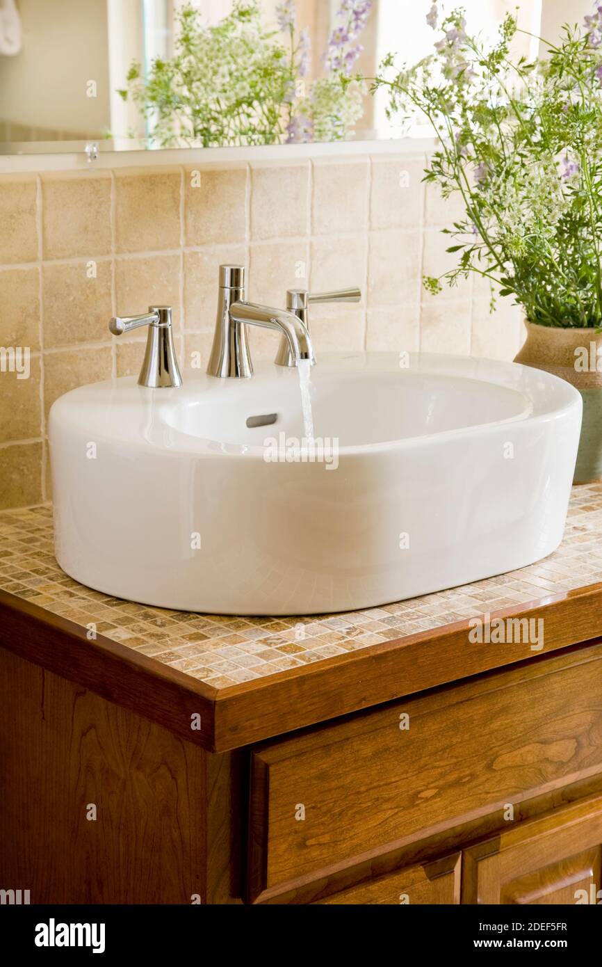 Modern Oval Sink with Wood Cabinet Stock Photo
