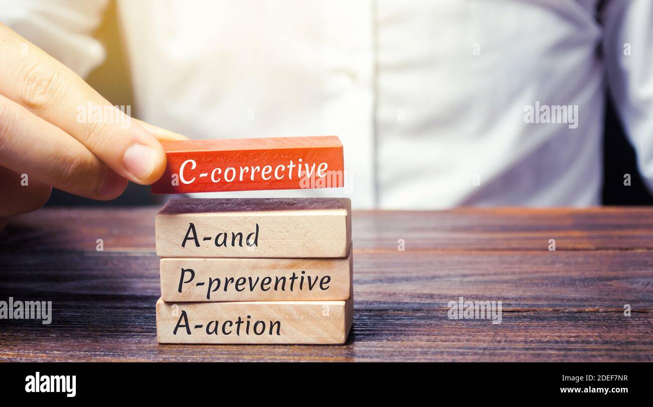 Wooden blocks with the word CAPA. Corrective and Preventive action plans. Business management concept. Strategy and efficiency. Improving organization Stock Photo
