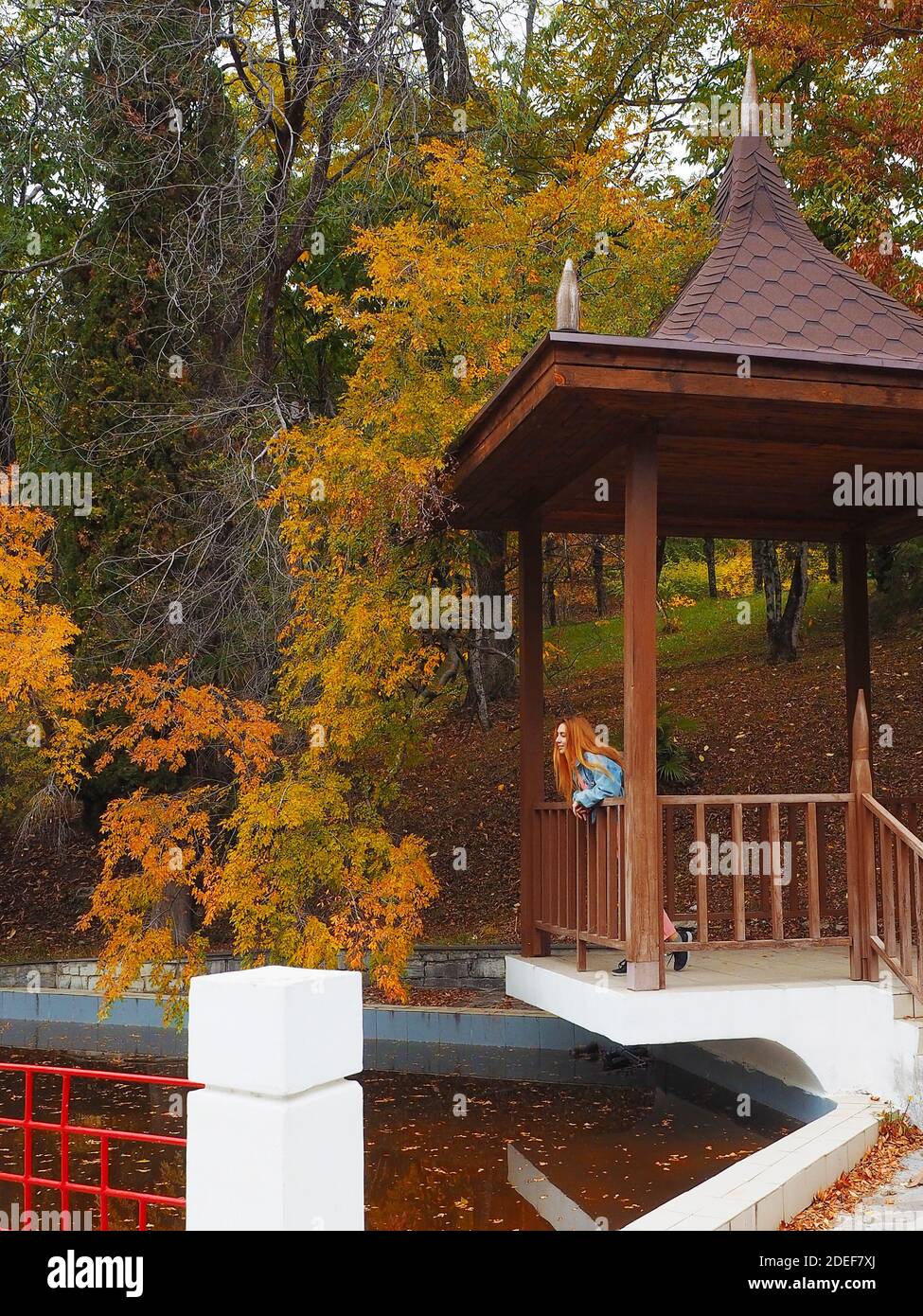 Redhead girl stands in a gazebo leaning on a railing over muddy water in an autumn park Stock Photo