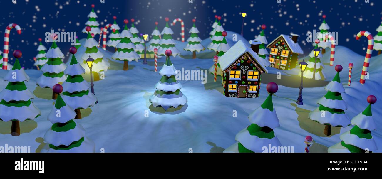 Night view of a small town with a Christmas tree in the middle of the park surrounded by snow-covered trees, chocolate house and candy bars, landscape Stock Photo