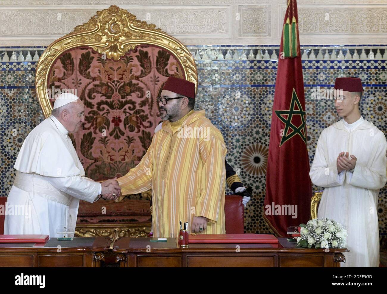 Pope Francis meets with King Mohammed VI of Morocco at the Royal Palace in Rabat, Morocco, 30 march 2019 as part of the pontiff's two-day visit to Morocco. Right: Crown Prince Moulay El Hassan. Photo by ABACAPRESS.COM Stock Photo