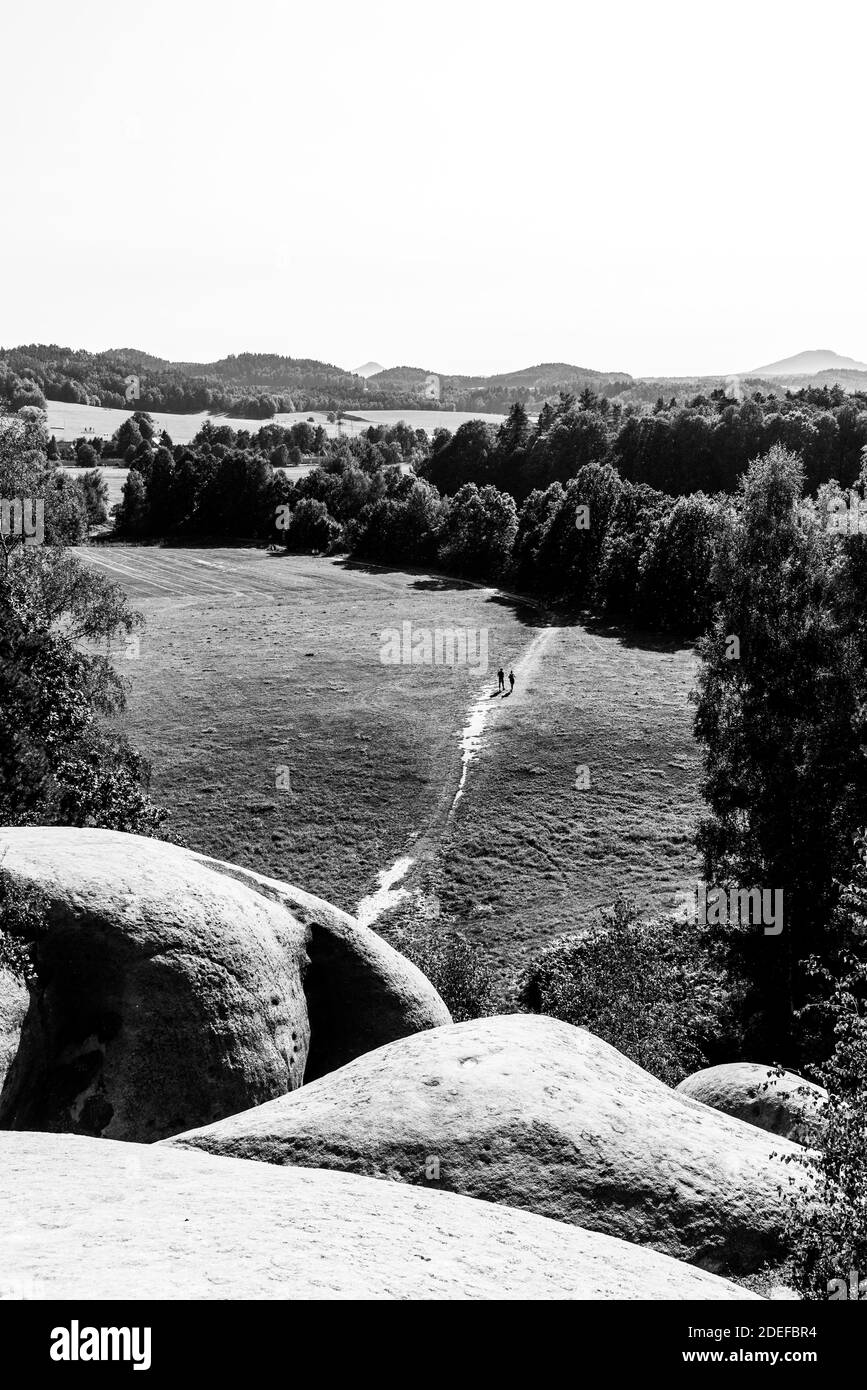Elephant Sandstone Rocks, Sloni kameny, near Jitrava in Lusatian Mountains, Czech Republic. Black and white image. Stock Photo
