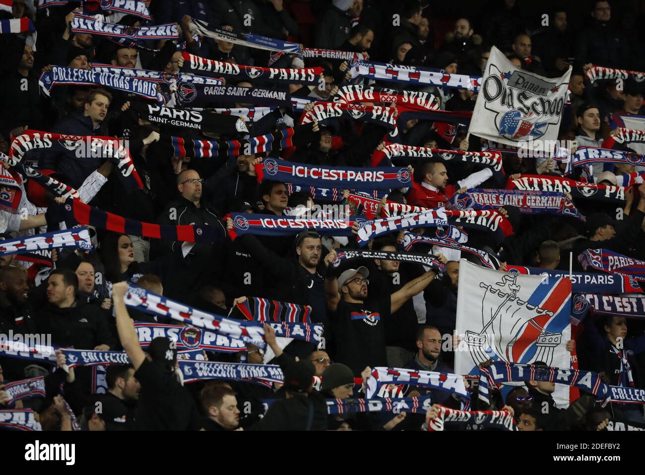 PSG's fans in the stands during the French Cup semi-final Paris  Saint-Germain v Nantes football match at the Parc des Princes stadium in  Paris, France, on April 3, 2019. PSG won 3-0.