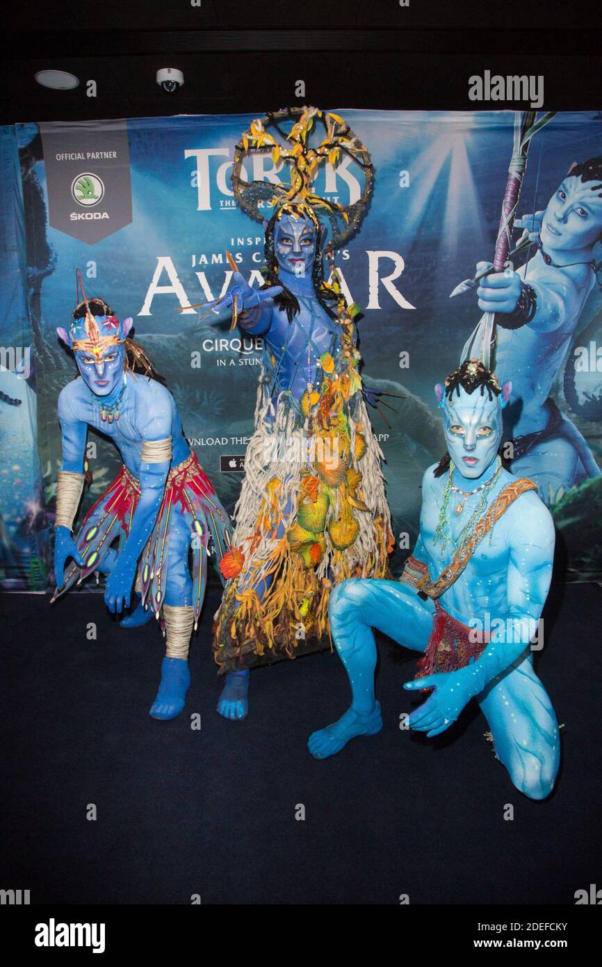 The Na'vi attends Cirque du Soleil 'Toruk - The First Flight' Opening Night, based on James Cameron's film 'Avatar', held at the AccorHotels Arena in Paris on April 04, 2019 in Paris, France. Photo by Nasser Berzane/ABACAPRESS.COM Stock Photo