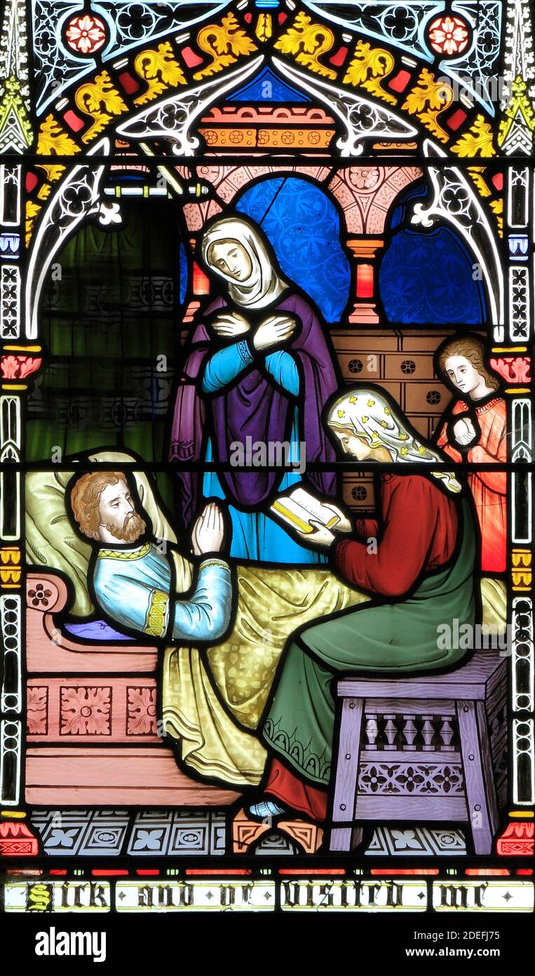 Corporal Acts of Mercy, window, stained glass window by Frederick Preedy, 1868, visiting the sick, Gunthorpe, Norfolk, England, UK Stock Photo