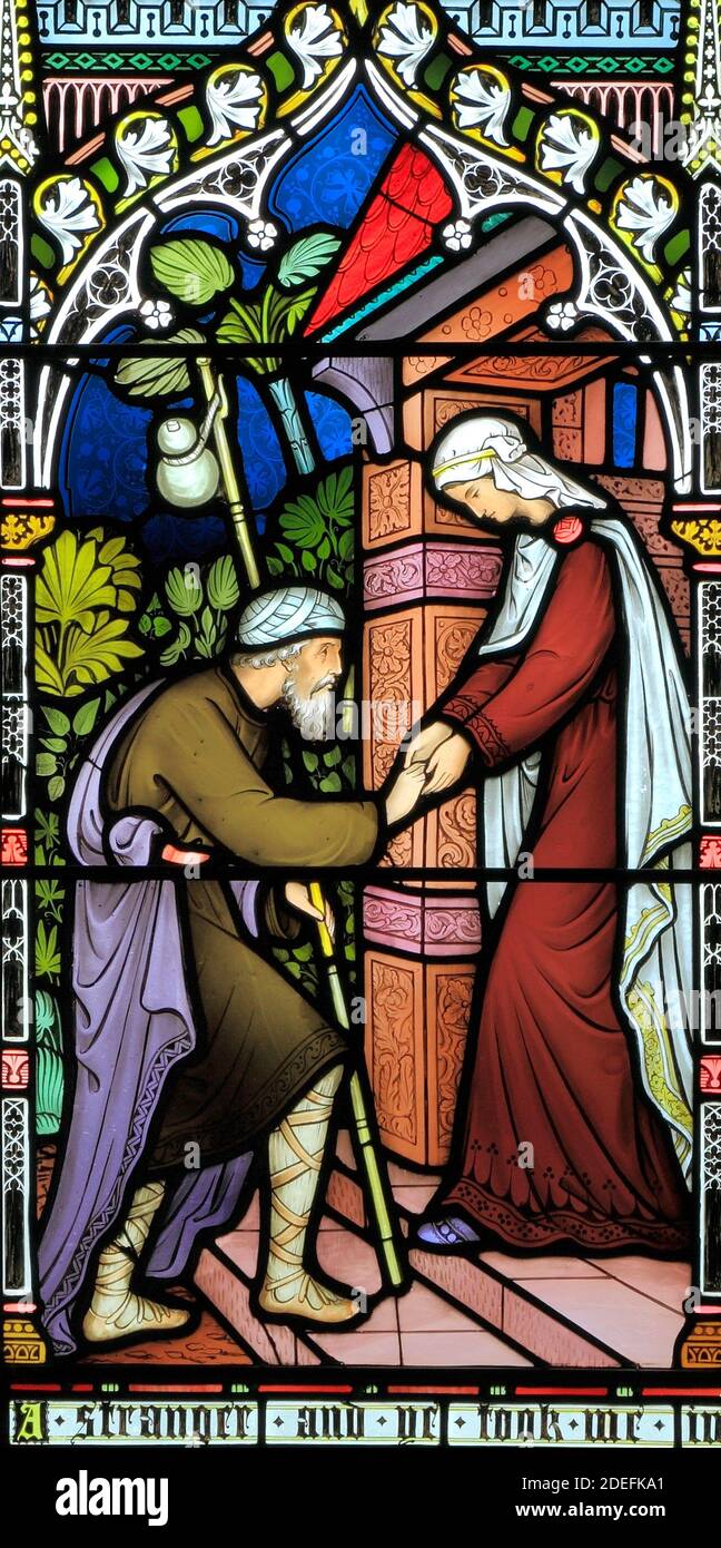 Corporal Acts of Mercy, window, stained glass by Frederick Preedy, 1868, feeding the hungry, sheltering the homeless, visiting the sick, Gunthorpe, Stock Photo