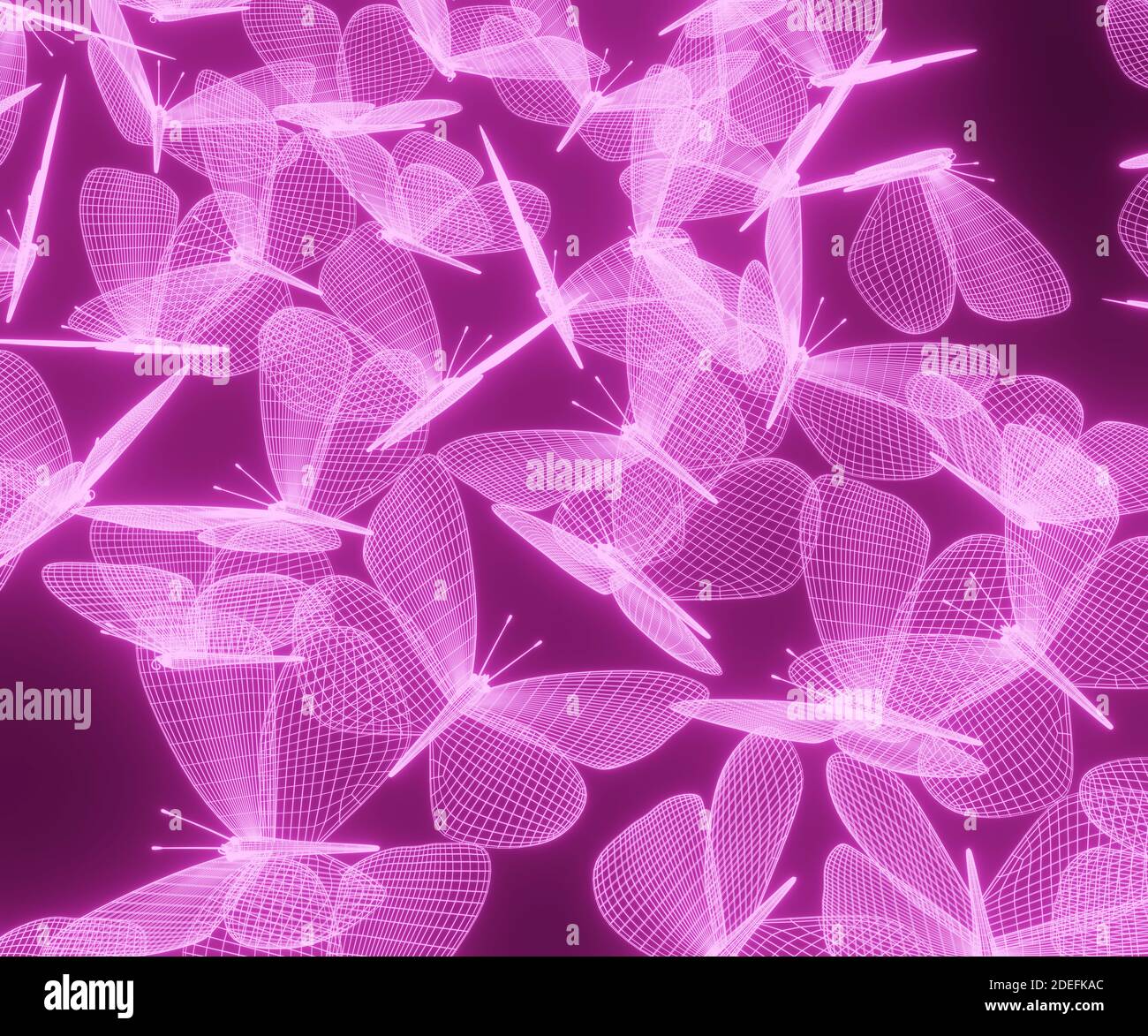 a flock of pink butterflies fly, abstract neon polygonal geometric butterflly consisting of lines. Wireframe technology structure. Glowing polygonal g Stock Photo