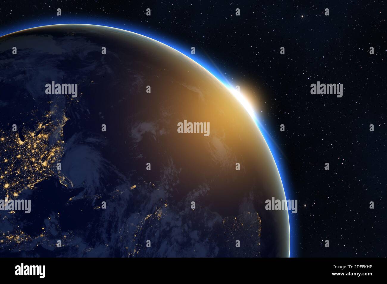 Rising sun over planet Earth against dark starry sky background, elements of this image furnished by NASA Stock Photo