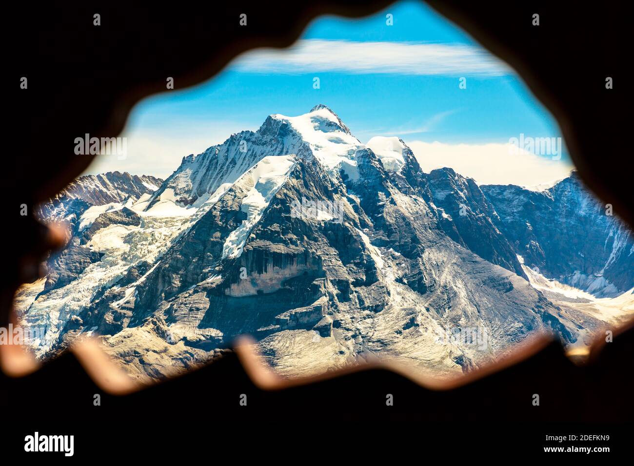 North face of Eiger snow capped seen from Schilthorn summit 2970 meters at panoramic platform. Murren, Canton of Bern in Switzerland. Oberland Bernese Stock Photo