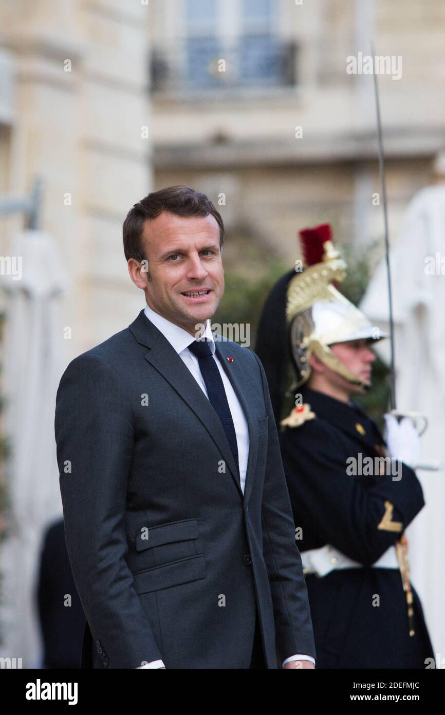 French President Emmanuel Macron receive Ukrainian President Petro Poroshenko for talks at the Elysee Palace in Paris on April 12, 2019.Macron met with both candidate in the Ukranian elections, first hosting the comic Volodymyr Zelensky, a political novice, and then meeting with incumbent President Poroshenko. Photo by Raphaël Lafargue/ABACAPRESS.COM Stock Photo