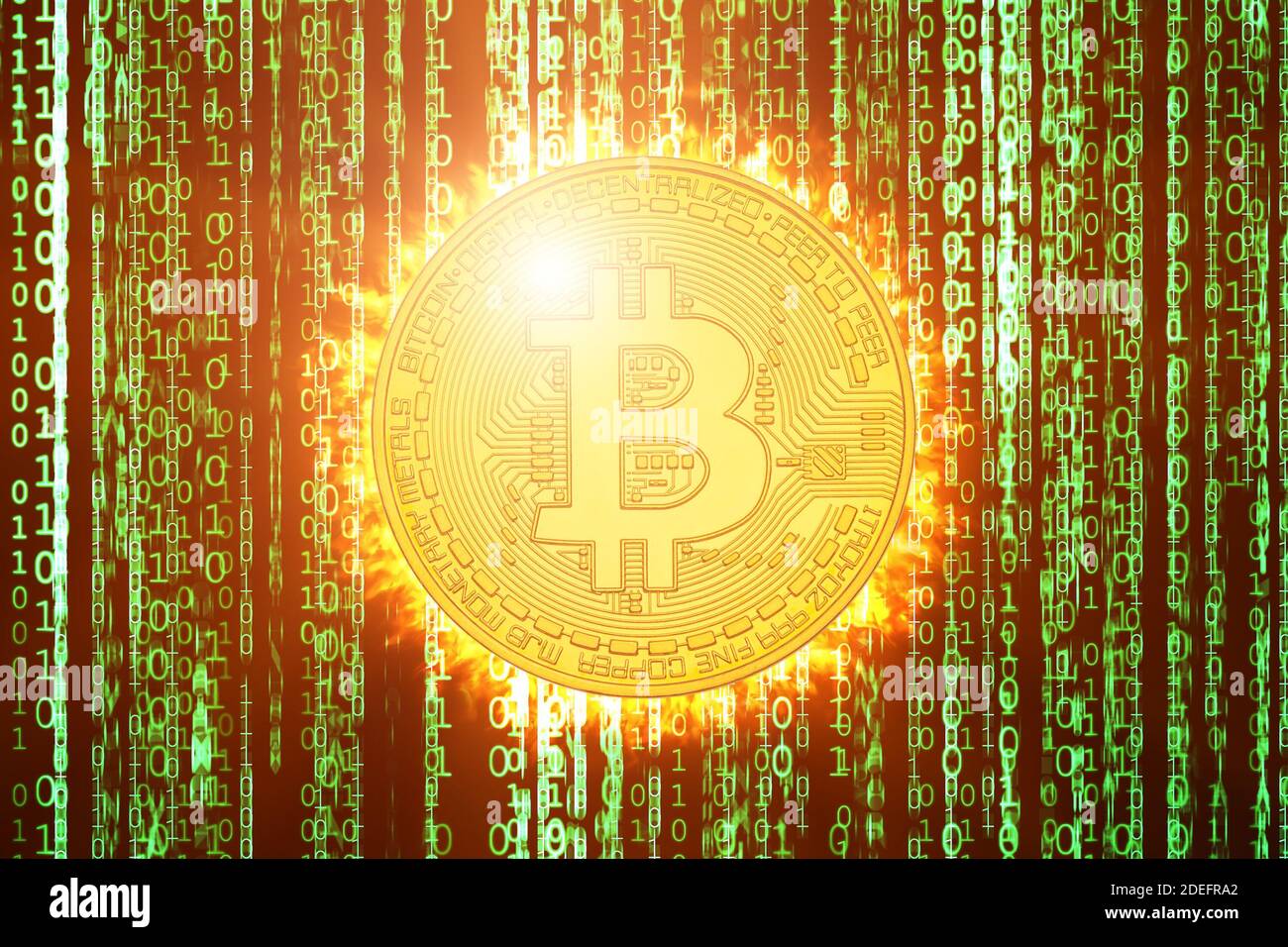 Bitcoin hits an all-time high record in november 2020. Cryptocurrency transactions on green financial matrix on fire. Future virtual money exchange Stock Photo