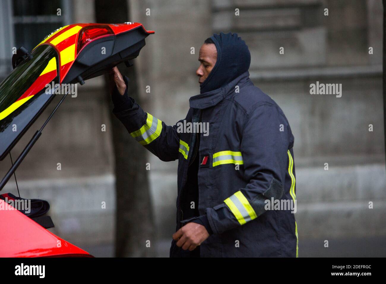 Firefighters work to extinguish a fire at Notre-Dame Cathedral in Paris early on April 16 the day after the beginning of the fire , 2019. A huge fire that devastated Notre-Dame Cathedral is 'under control', the Paris fire brigade said early on April 16 after firefighters spent hours battling the flames. Photo by Raphael Lafargue/ABACAPRESS.COM Stock Photo