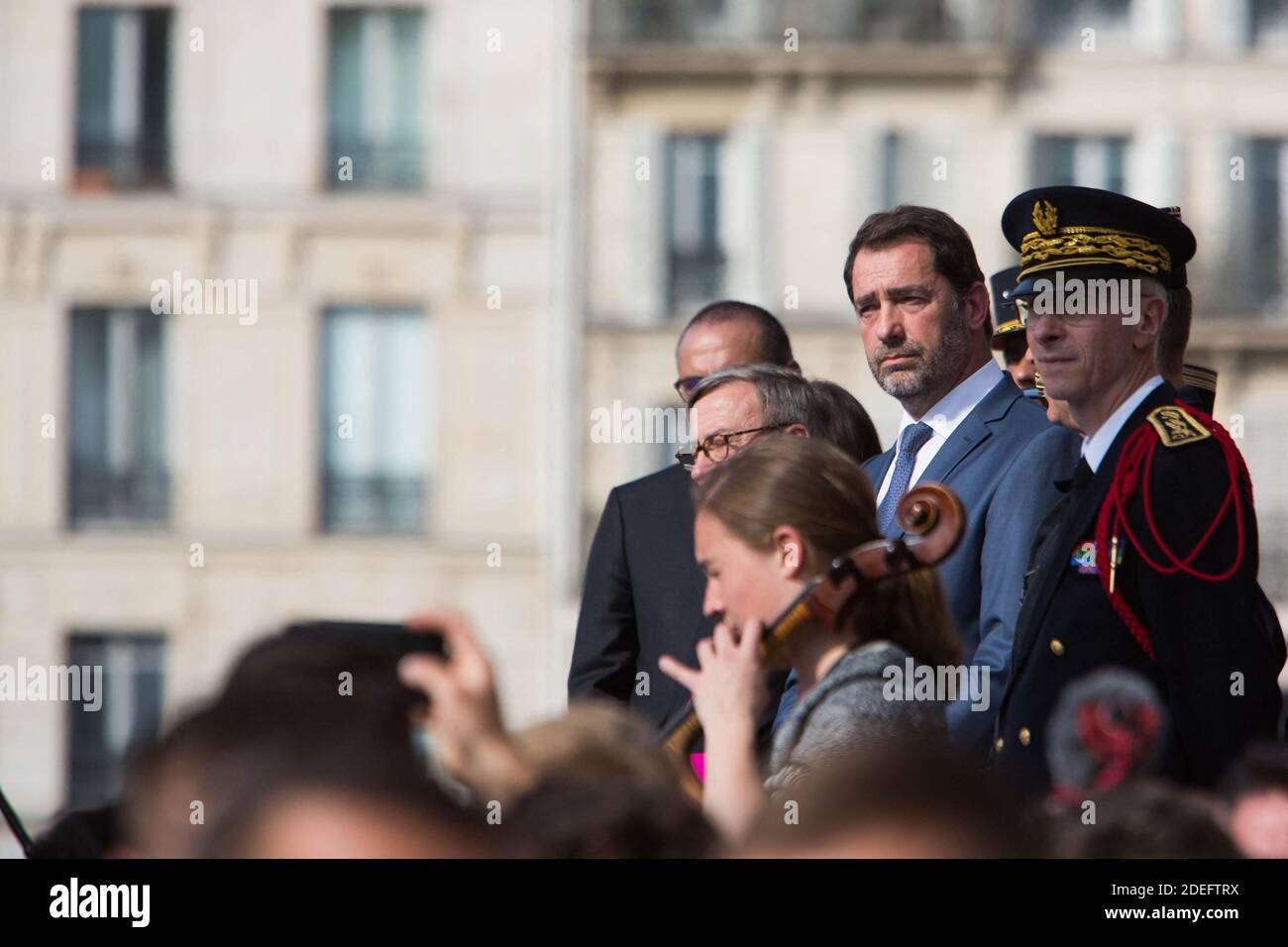 French Interior Minister Christophe Castaner, Paris prefect Didier Lallement, Paris mayor Anne Hidalgo, and other officials walk by Notre Dame cathedral on April 18, 2019 in Paris. France paid a daylong tribute on April 18, 2019 to the Paris firefighters who saved Notre Dame Cathedral from collapse, while construction workers rushed to secure an area above one of the church's famed rose-shaped windows and other vulnerable sections of the fire-damaged landmark. Photo by Raphael Lafargue/ABACAPRESS.COM Stock Photo