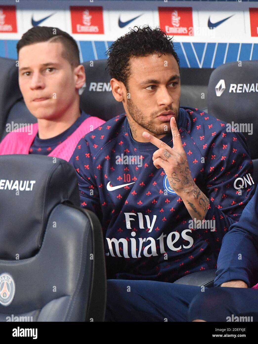 Paris Saint-Germain's Julian Draxler and Neymar, wearing a Notre-Dame jersey,  during the Ligue 1 Paris Saint-Germain (PSG) v Monaco (ASM) on April 21,  2019 at the Parc des Princes stadium in Paris,