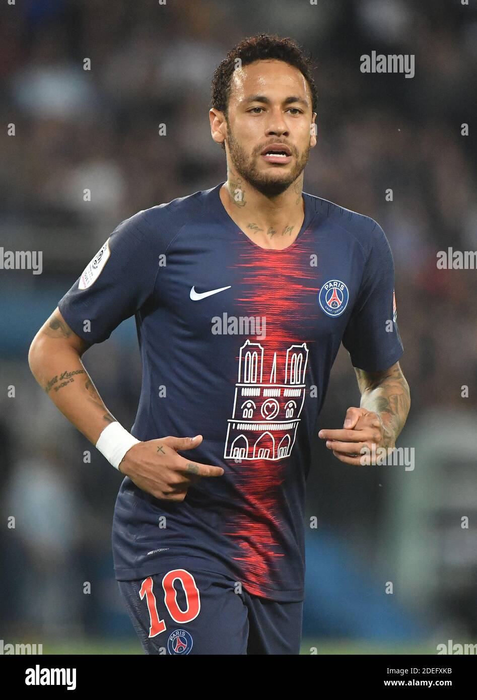 Paris Saint-Germain's Neymar, wearing a Notre-Dame jersey, during the Ligue  1 Paris Saint-Germain (PSG) v Monaco (ASM) on April 21, 2019 at the Parc  des Princes stadium in Paris, France. Kylian Mbappe