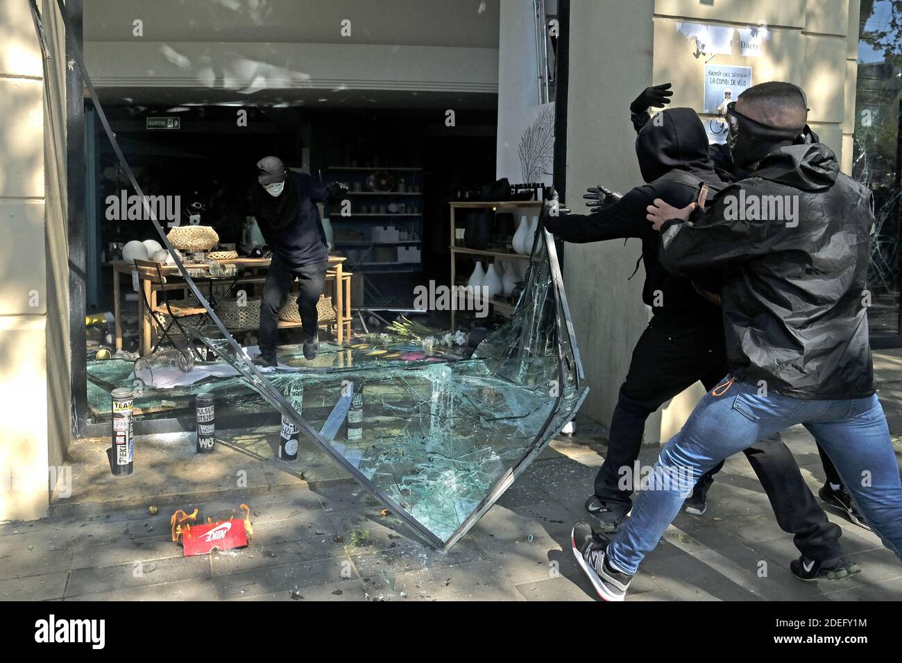 The windows of the Habitat and GO Sport stores were broken by hooded  protesters were looted by thugs on the Place de la Republique in  Paris,during the 'Act XXIII' demonstration the 23th