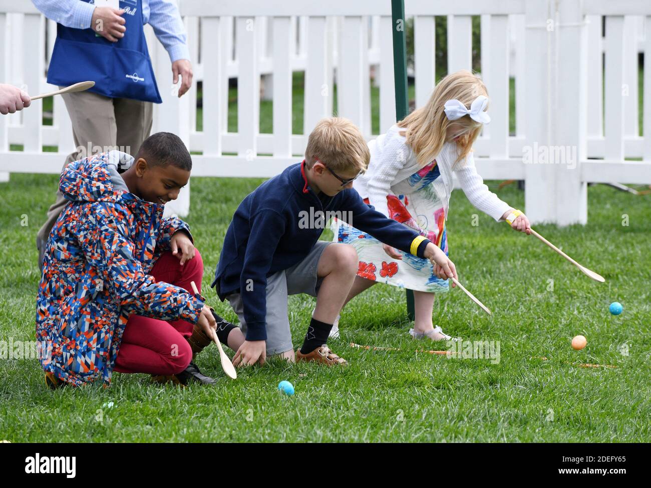 Kids participate in the annual Easter Egg Roll on the South Lawn of the White House April 22, 2019 in Washington, DC. .Photo by Olivier Douliery/ABACAPRESS.COM Stock Photo