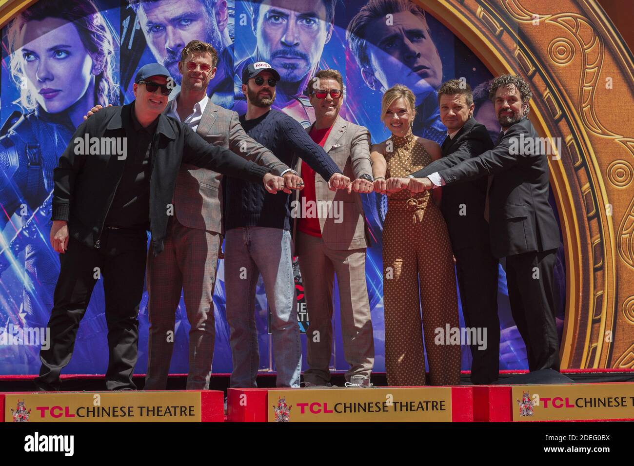 President of Marvel Studios/Producer Kevin Feige, Chris Hemsworth, Chris Evans, Robert Downey Jr., Scarlett Johansson, Jeremy Renner, and Mark Ruffalo attend the Marvel Studios' 'Avengers: Endgame' cast place their hand prints in cement at TCL Chinese Theatre IMAX Forecourt at TCL Chinese Theatre IMAX on April 23, 2019 in Los Angeles, CA, USA. Photo by Lionel Hahn/ABACAPRESS.COM Stock Photo