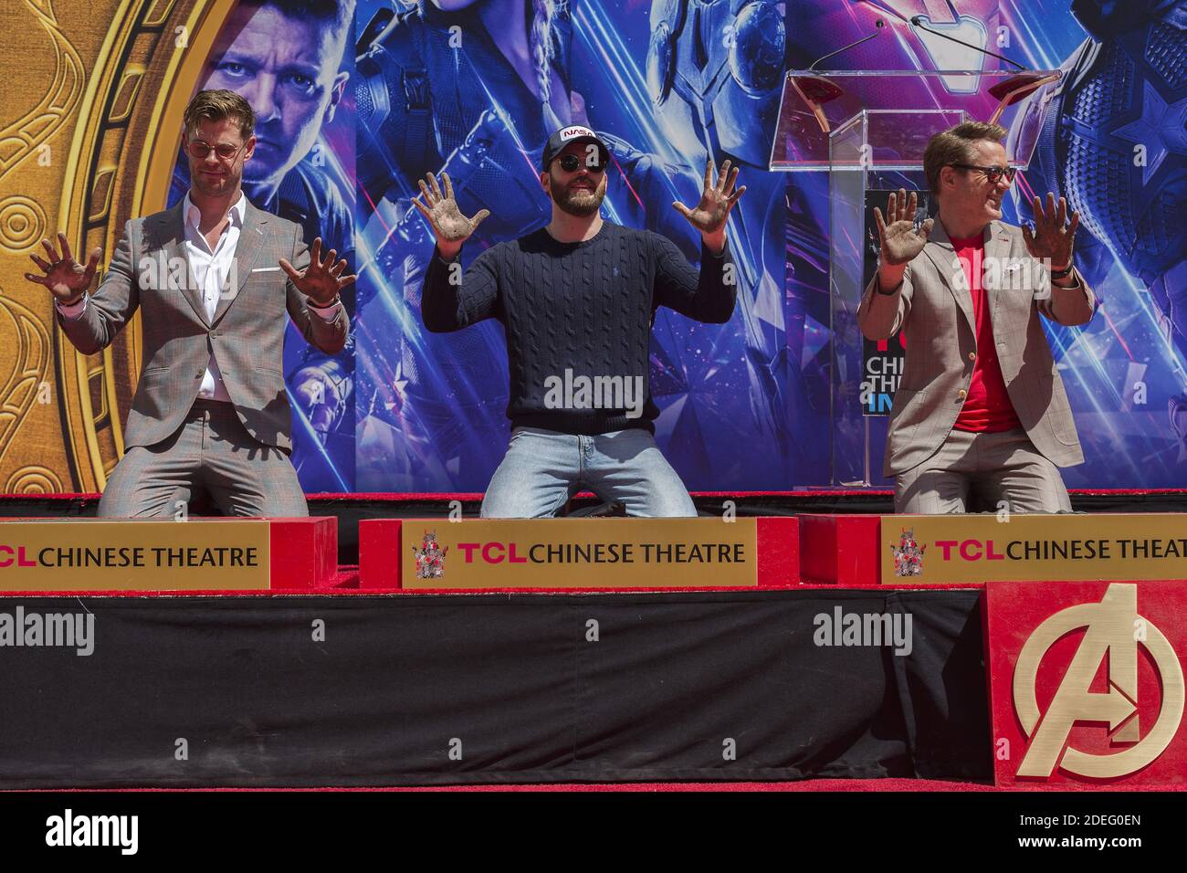 Chris Evans, Robert Downey Jr. and Chris Hemsworth attend the Marvel Studios' 'Avengers: Endgame' cast place their hand prints in cement at TCL Chinese Theatre IMAX Forecourt at TCL Chinese Theatre IMAX on April 23, 2019 in Los Angeles, CA, USA. Photo by Lionel Hahn/ABACAPRESS.COM Stock Photo