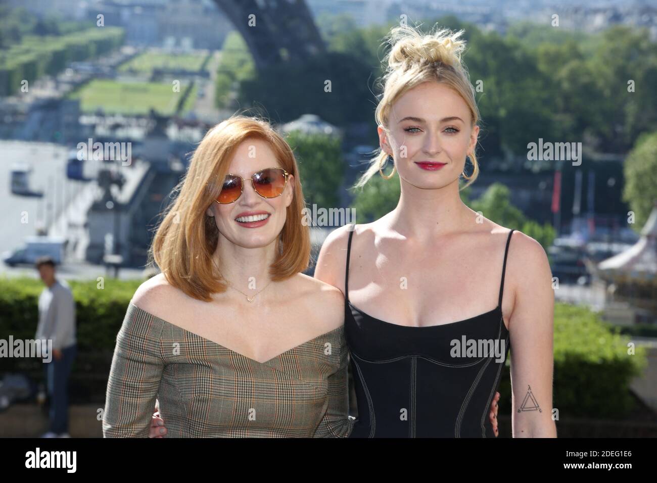 Jessica Chastain and Sophie Turner during a photocall to present the movie  'X-Men - Dark Phoenix' by Simon Kinberg held at the Cafe de l'Homme, Place  du Trocadero in Paris, France on