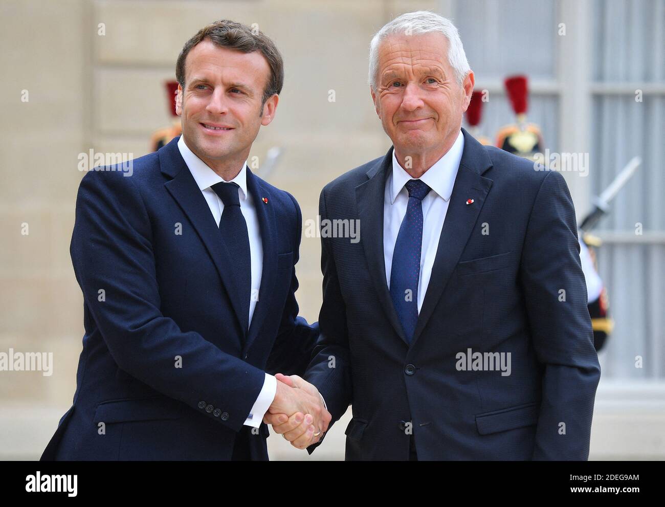 French President Emmanuel Macron welcomes the Secretary General of the Council of Europe Thorbjorn Jagland at the Elysee Palace in Paris, France on May 6, 2019. Photo by Christian Liewig/ABACAPRESS.COM Stock Photo