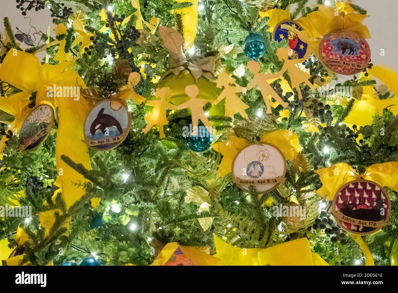 Ornaments decorate a Fraser fir, the official White House Christmas tree in The Blue Room of the