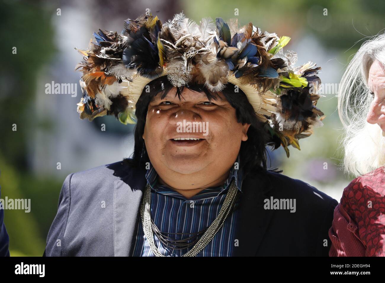Indian Amazonian Chief Almir Narayamoga Surui arriving for a session of 'Questions to the Government' at the French National Assembly in Paris, France on May 14th, 2019. Photo by Henri Szwarc/ABACAPRESS.COM Stock Photo