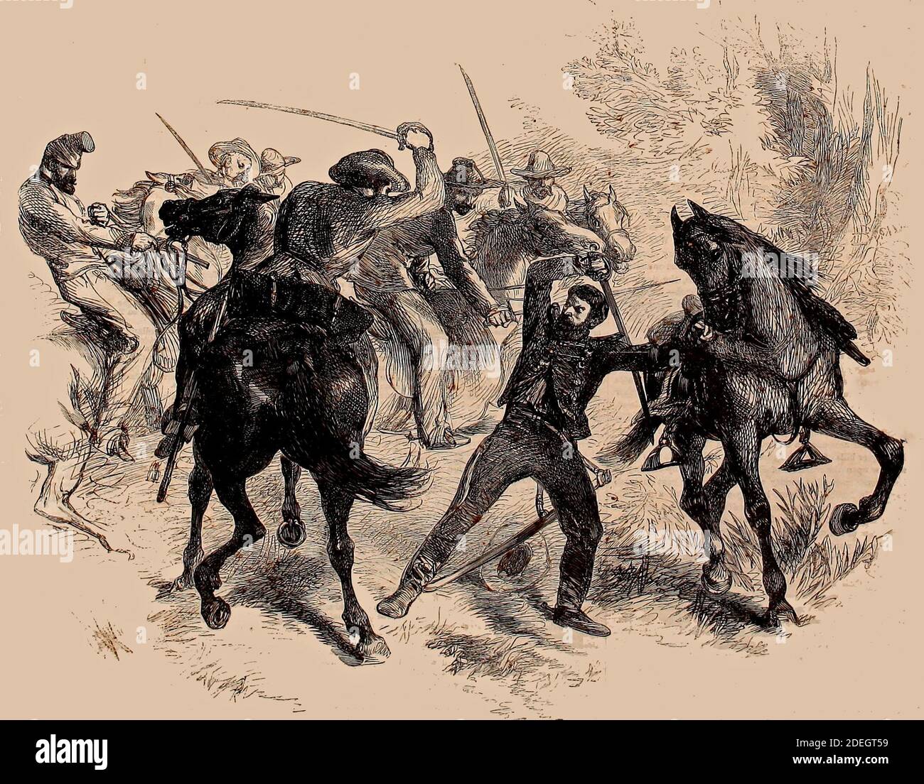 The Civil War in America - Capture of a Federal Dragoon by Guerilla Horseman of Virginia, 1861 Stock Photo