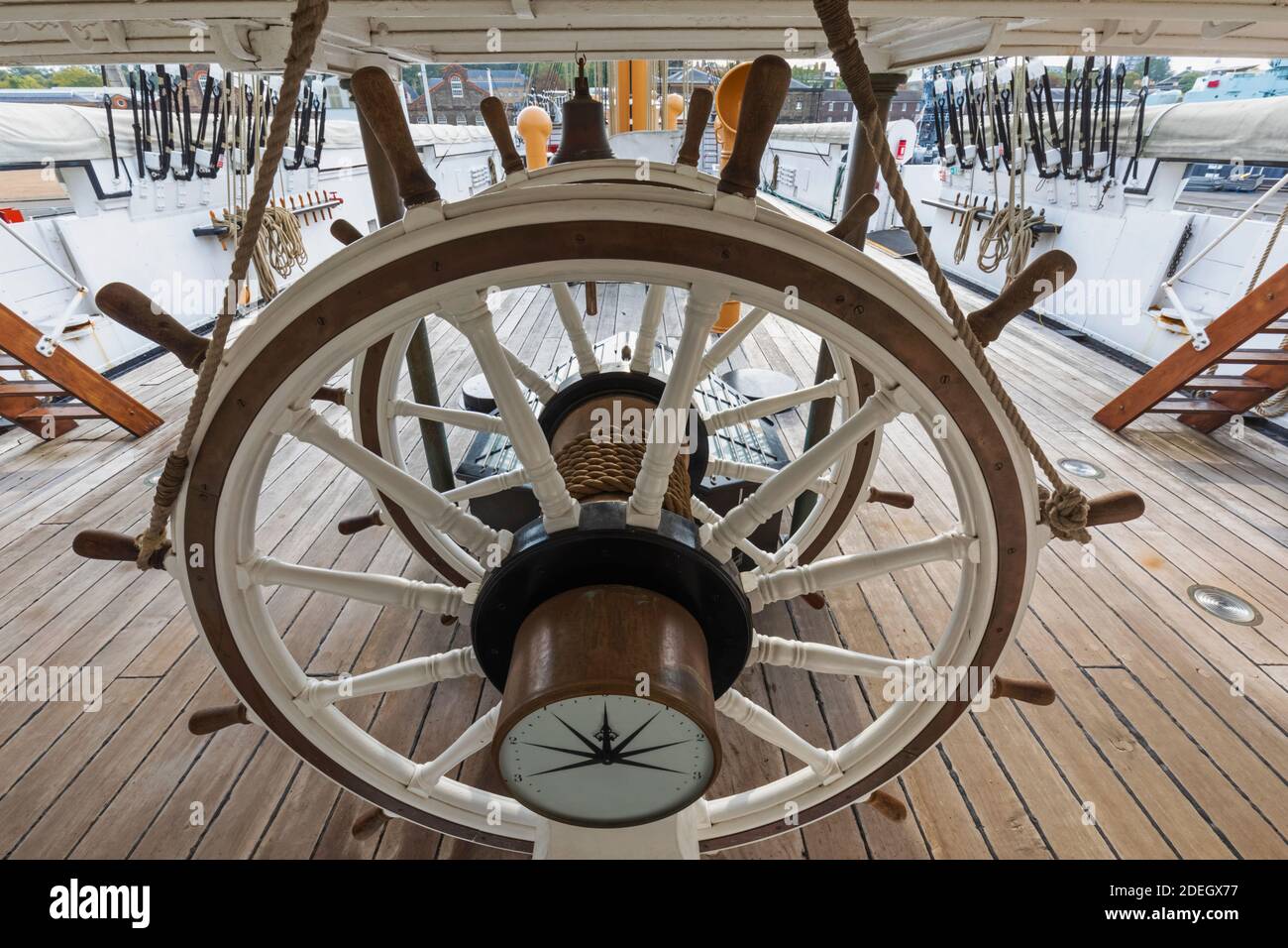 England, Kent, Chatham, The Historic Dockyard, The Steering Wheel of The Sailing Sloop HMS Gannet Stock Photo