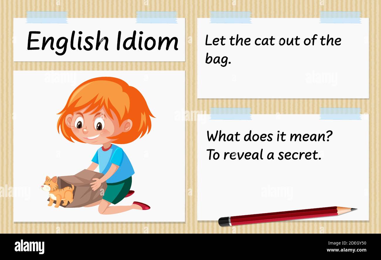 English idiom let the cat out of the bag template illustration Stock