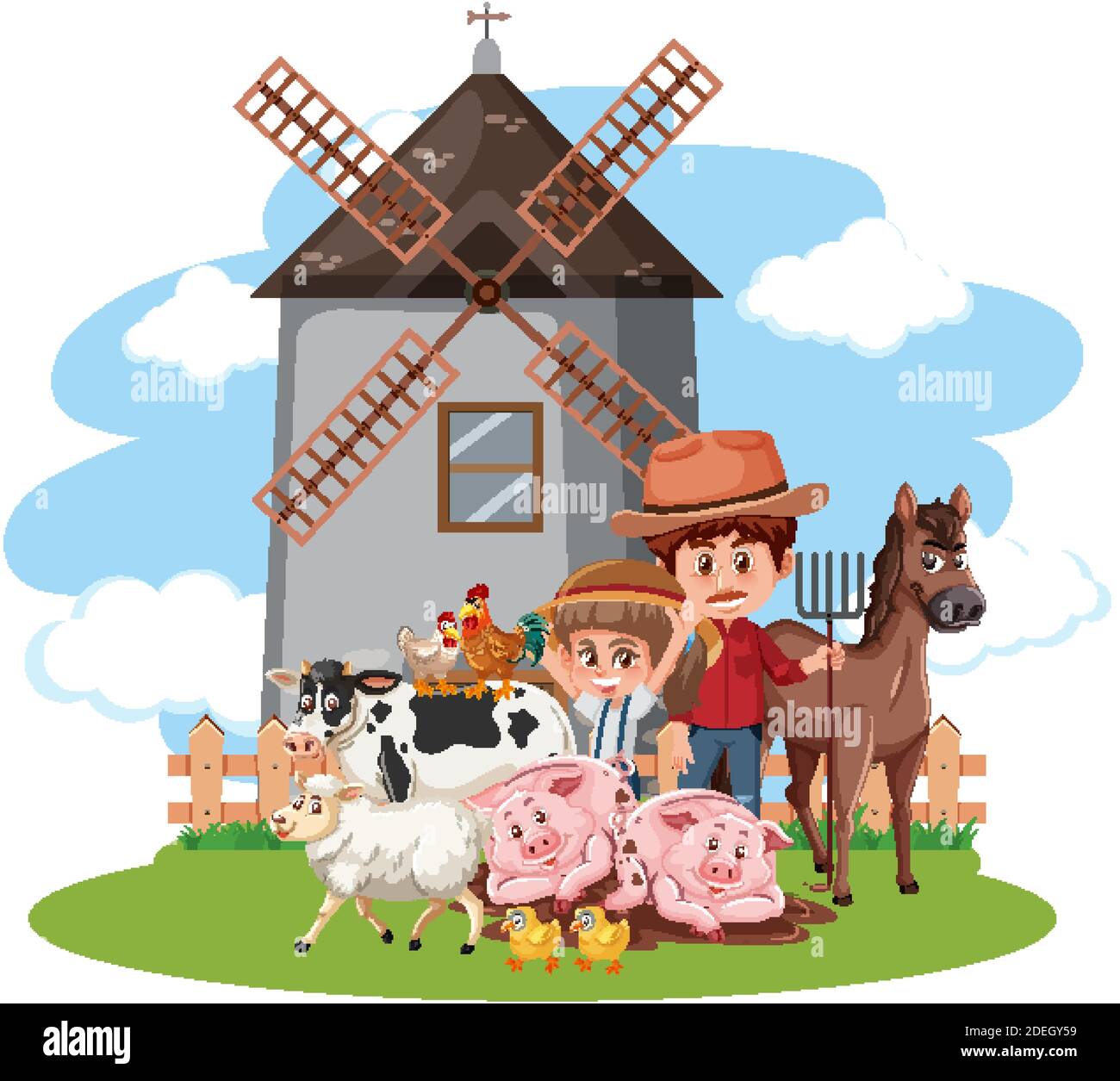 Scene with farmer and many animals on the farm illustration Stock ...