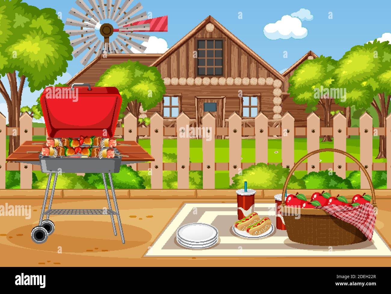 Picnic scene with food on the table and BBQ grill in the garden ...