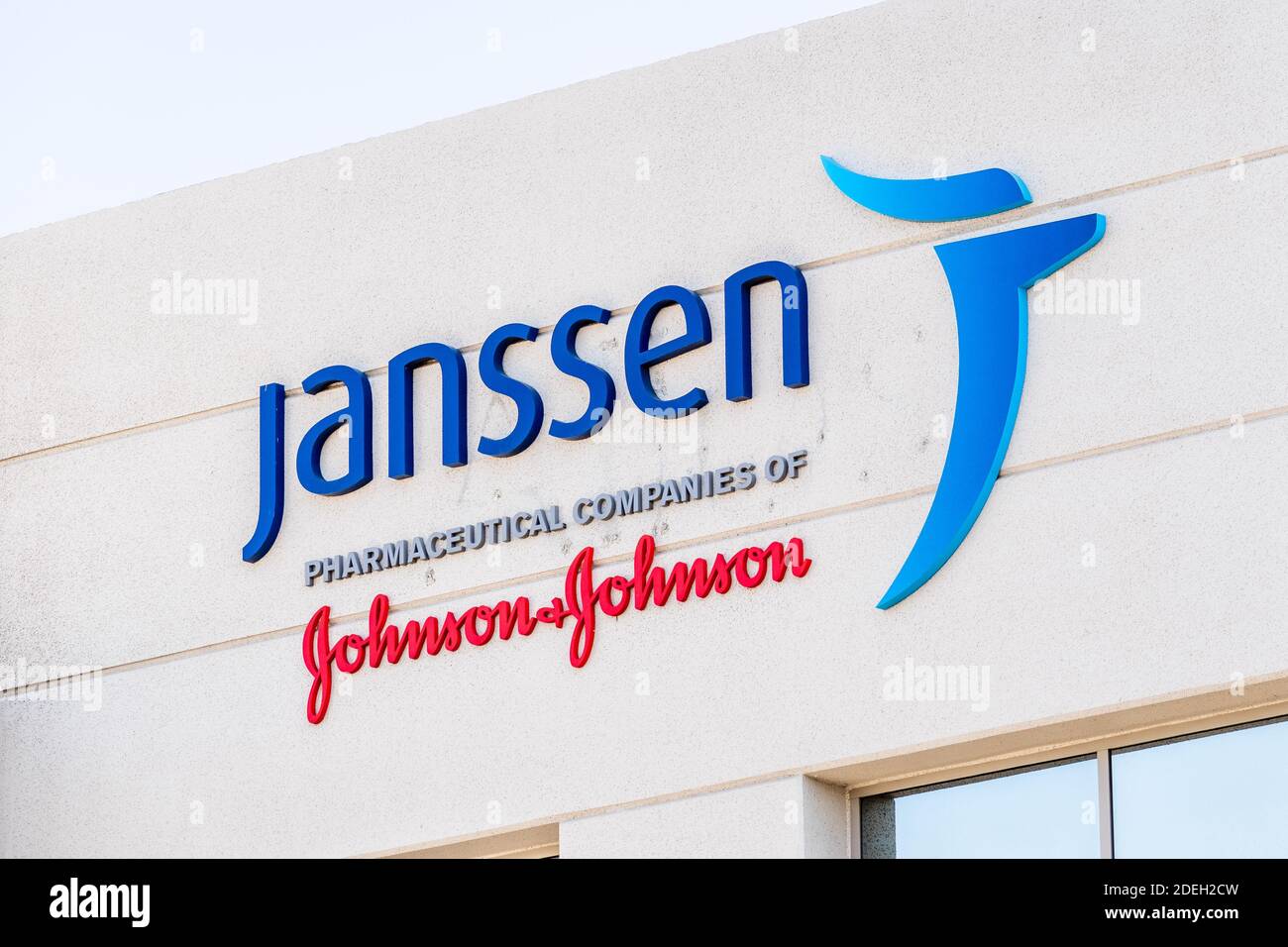 Sep 21, 2020 South San Francisco / CA / USA - Janssen logo at their Silicon Valley HQ; Janssen Research and Development, part of Johnson & Johnson, is Stock Photo