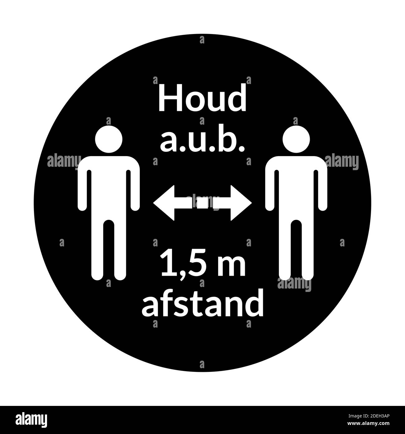 Houd a.u.b. 1,5 m afstand ('Please Keep a Distance of 1,5 Meters' in Dutch) Round Social Distancing Instruction Badge or Sticker Icon. Vector Image. Stock Vector
